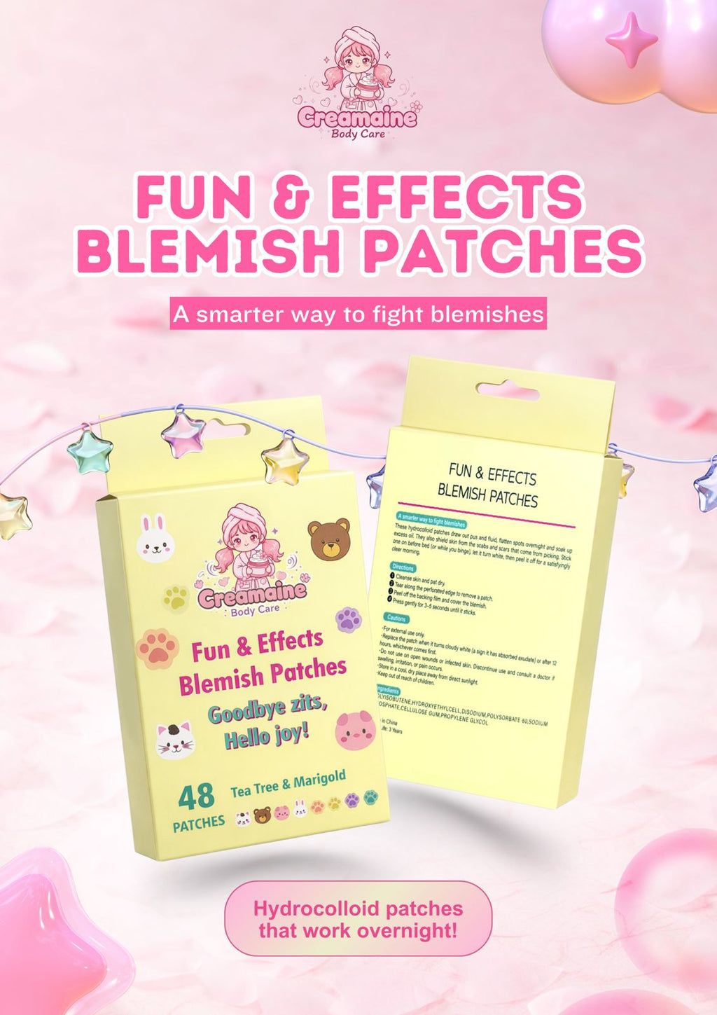 Creamaine Hydrocolloid Blemish Patches for Overnight Healing – Infused with Tea Tree & Marigold – 48 Variety Shapes