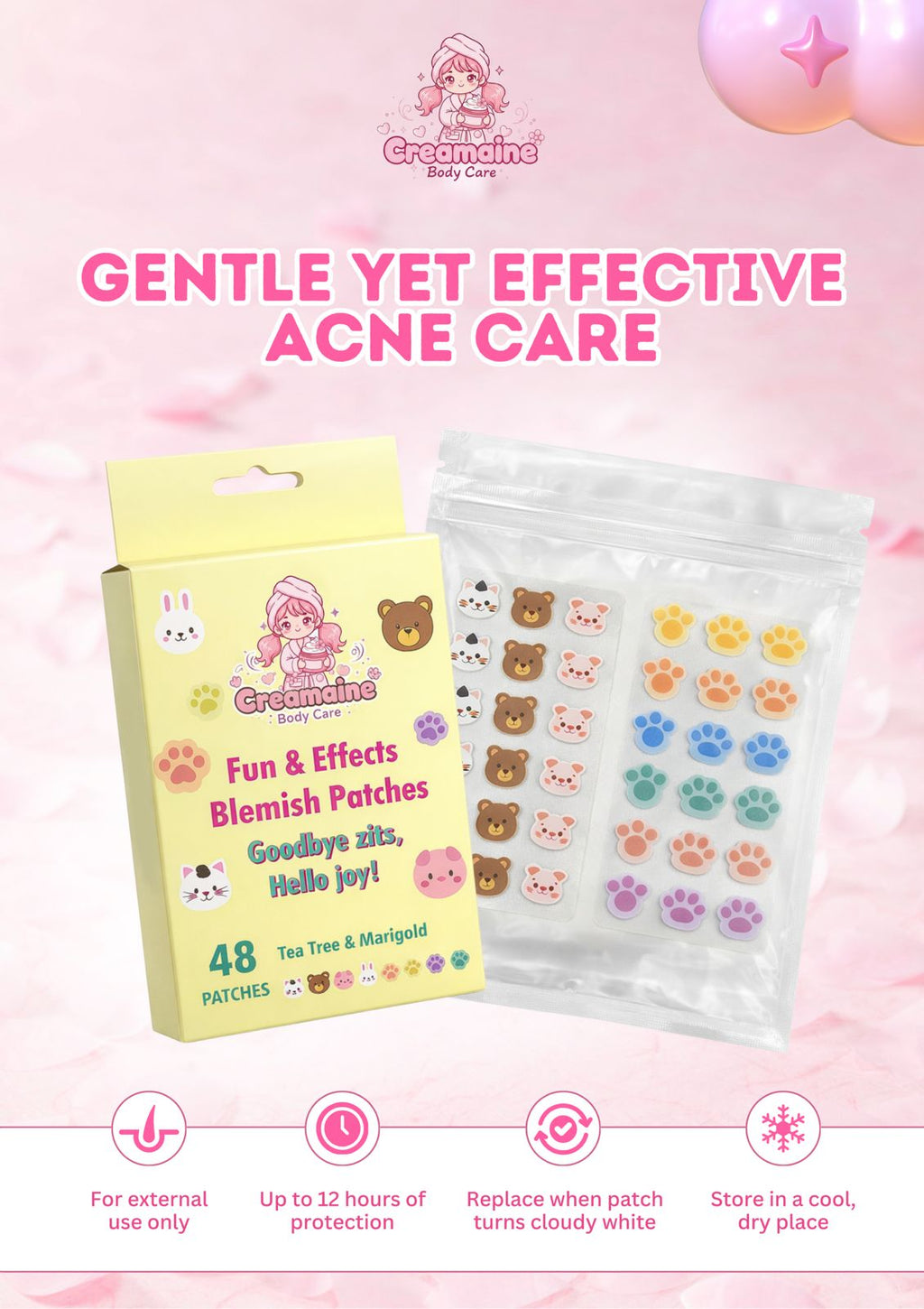 Creamaine Hydrocolloid Blemish Patches for Overnight Healing – Infused with Tea Tree & Marigold – 48 Variety Shapes