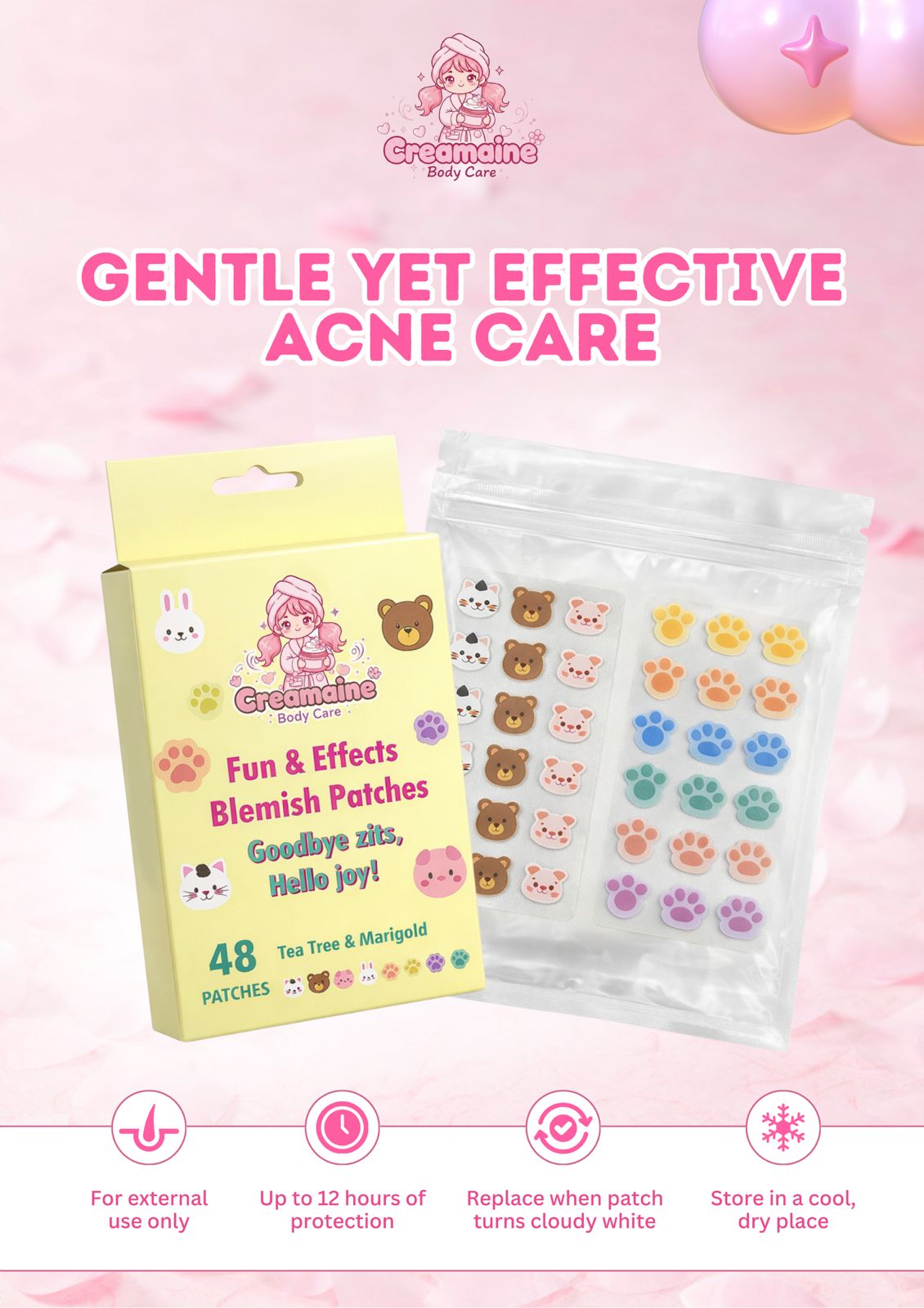 Creamaine Hydrocolloid Blemish Patches for Overnight Healing – Infused with Tea Tree & Marigold – 48 Variety Shapes